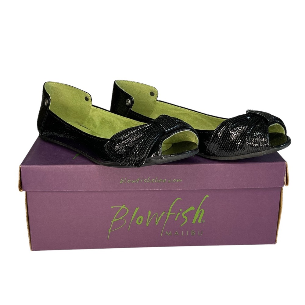 Blowfish Malibu Sherbert Open-Toe Bow Detail Ballet Flats Black Patent Size 7.5M